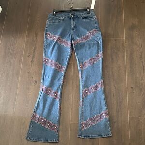 VENUS Blue and Pink Embroidered Flare Jeans
